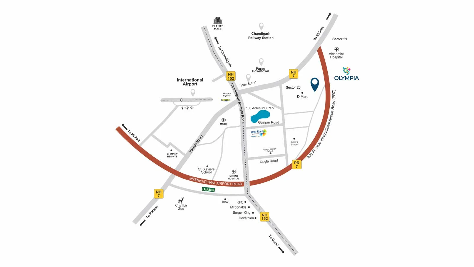Location map showing SBP Olympia near PR-7, NH-7 and the International Airport Road